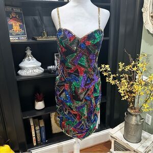 Vintage Lime “Nite” Full‑Sequin Mini Dress – Size 4 – Retro 90s Glam